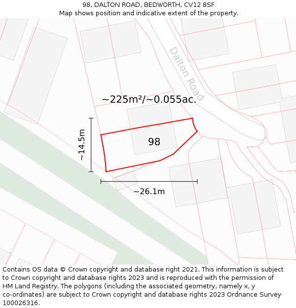 98, DALTON ROAD, BEDWORTH, CV12 8SF: Plot and title map