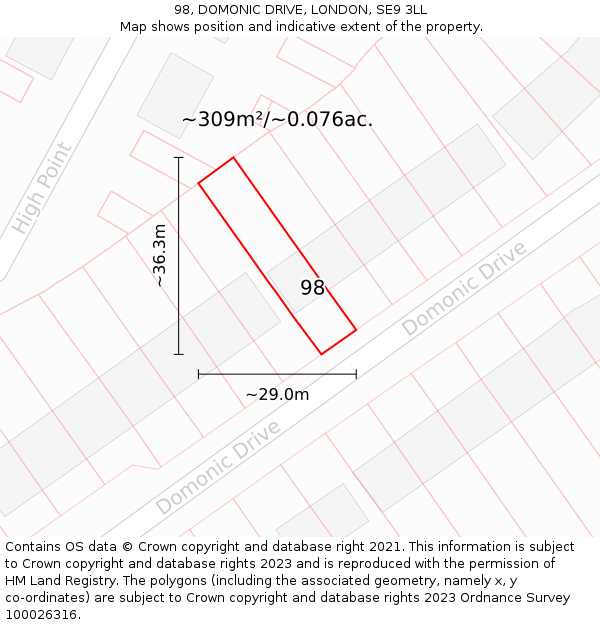 98, DOMONIC DRIVE, LONDON, SE9 3LL: Plot and title map