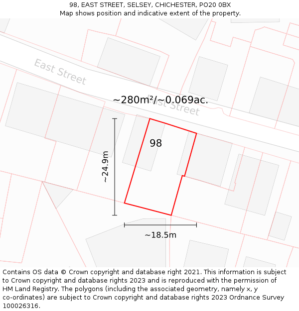 98, EAST STREET, SELSEY, CHICHESTER, PO20 0BX: Plot and title map