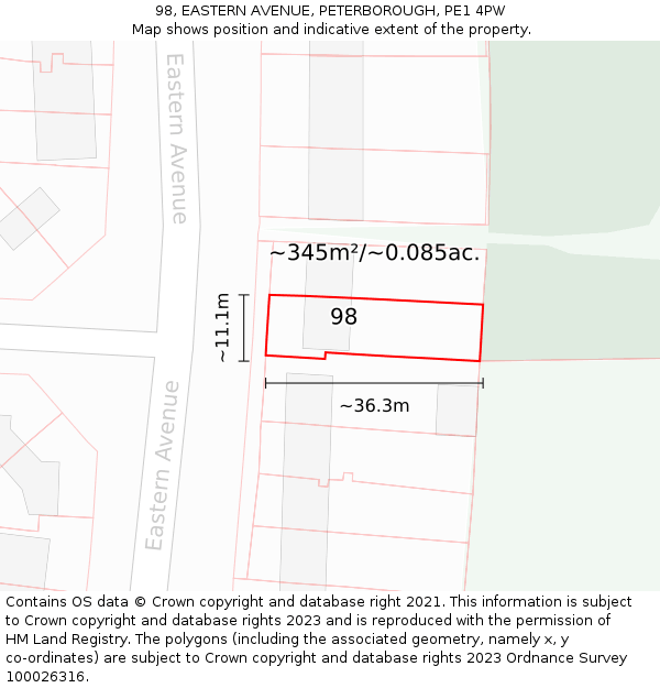 98, EASTERN AVENUE, PETERBOROUGH, PE1 4PW: Plot and title map