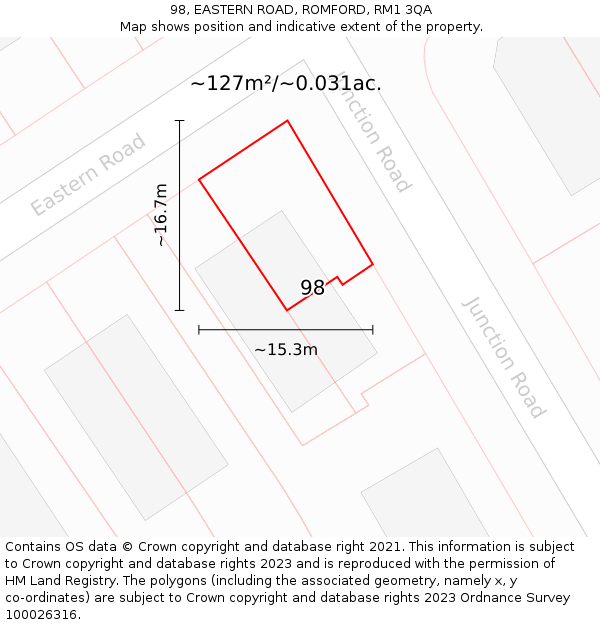 98, EASTERN ROAD, ROMFORD, RM1 3QA: Plot and title map