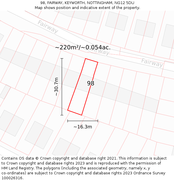 98, FAIRWAY, KEYWORTH, NOTTINGHAM, NG12 5DU: Plot and title map