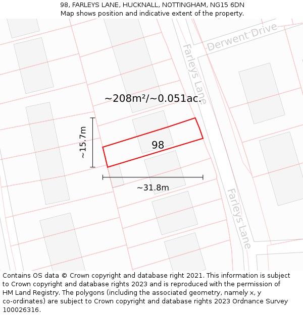 98, FARLEYS LANE, HUCKNALL, NOTTINGHAM, NG15 6DN: Plot and title map