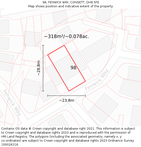 98, FENWICK WAY, CONSETT, DH8 5FE: Plot and title map