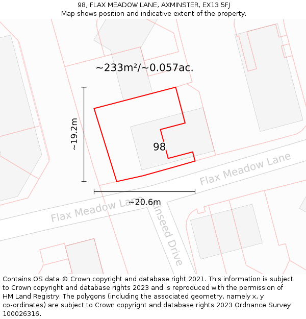 98, FLAX MEADOW LANE, AXMINSTER, EX13 5FJ: Plot and title map