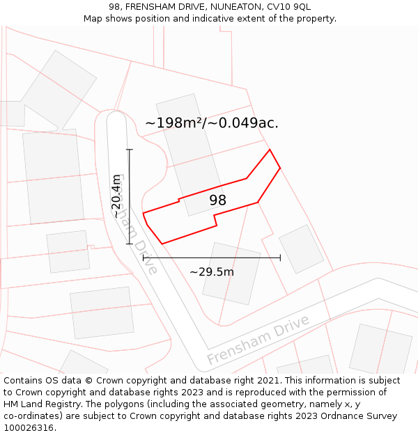 98, FRENSHAM DRIVE, NUNEATON, CV10 9QL: Plot and title map