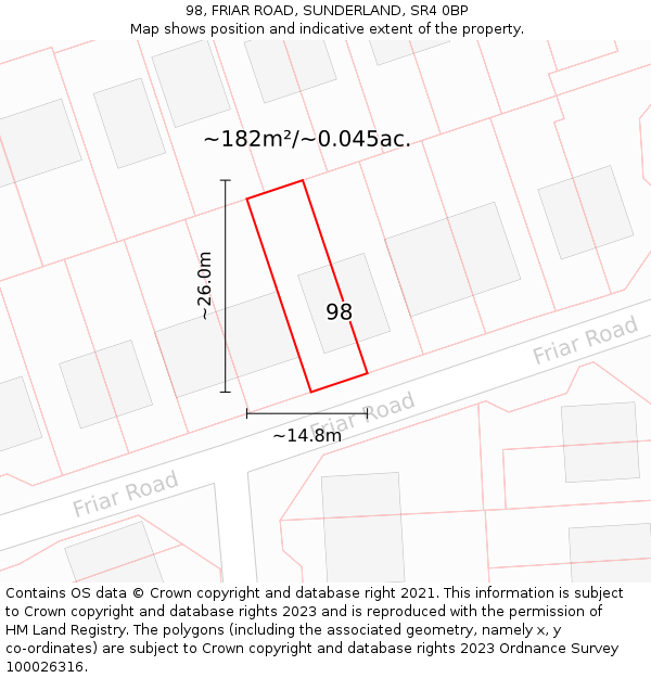 98, FRIAR ROAD, SUNDERLAND, SR4 0BP: Plot and title map