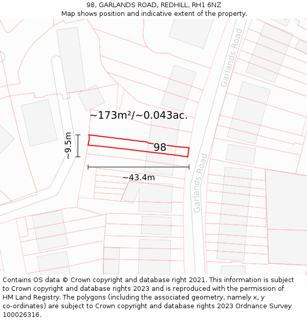 98, GARLANDS ROAD, REDHILL, RH1 6NZ: Plot and title map