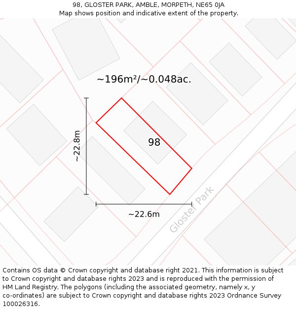 98, GLOSTER PARK, AMBLE, MORPETH, NE65 0JA: Plot and title map