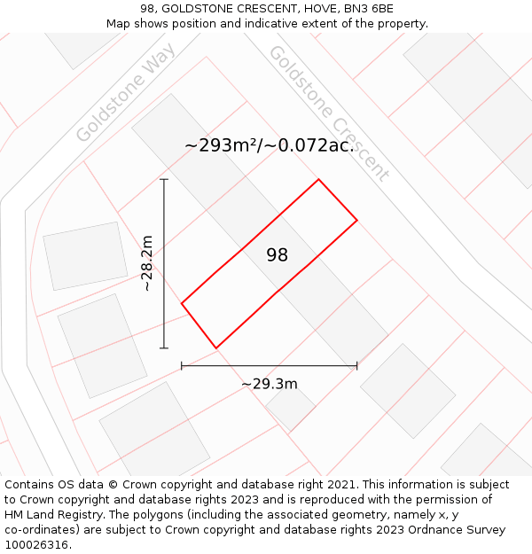 98, GOLDSTONE CRESCENT, HOVE, BN3 6BE: Plot and title map