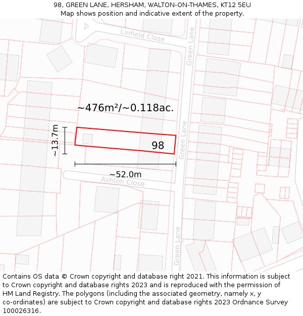 98, GREEN LANE, HERSHAM, WALTON-ON-THAMES, KT12 5EU: Plot and title map