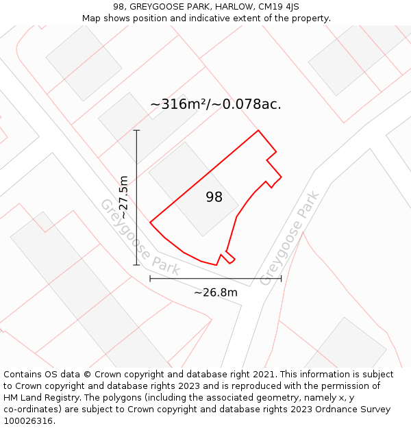 98, GREYGOOSE PARK, HARLOW, CM19 4JS: Plot and title map