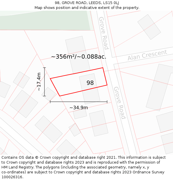 98, GROVE ROAD, LEEDS, LS15 0LJ: Plot and title map