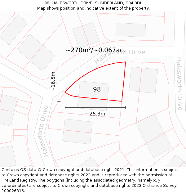 98, HALESWORTH DRIVE, SUNDERLAND, SR4 8DL: Plot and title map