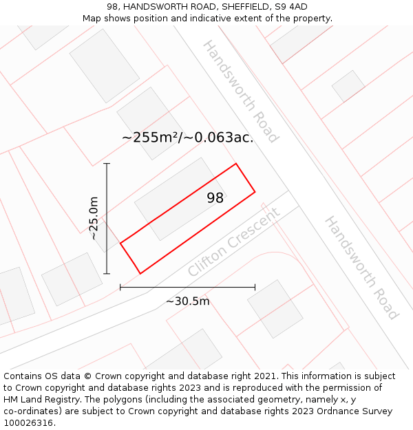 98, HANDSWORTH ROAD, SHEFFIELD, S9 4AD: Plot and title map