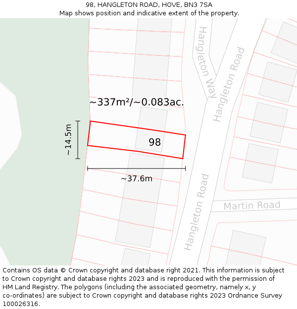 98, HANGLETON ROAD, HOVE, BN3 7SA: Plot and title map