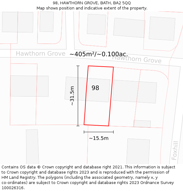 98, HAWTHORN GROVE, BATH, BA2 5QQ: Plot and title map