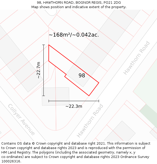 98, HAWTHORN ROAD, BOGNOR REGIS, PO21 2DG: Plot and title map