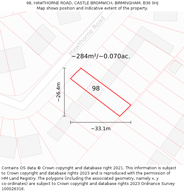 98, HAWTHORNE ROAD, CASTLE BROMWICH, BIRMINGHAM, B36 0HJ: Plot and title map