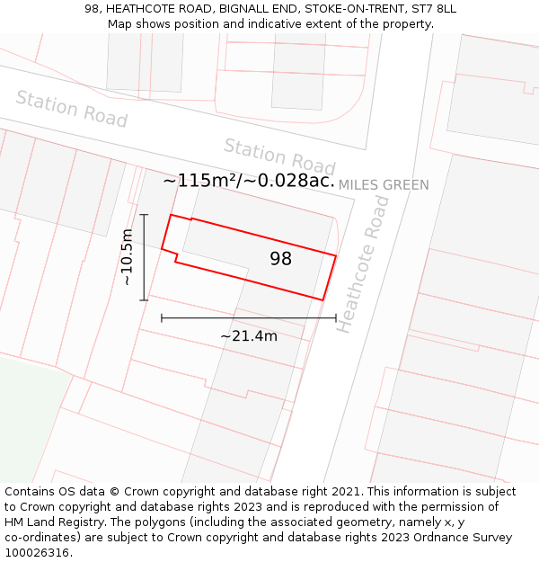 98, HEATHCOTE ROAD, BIGNALL END, STOKE-ON-TRENT, ST7 8LL: Plot and title map