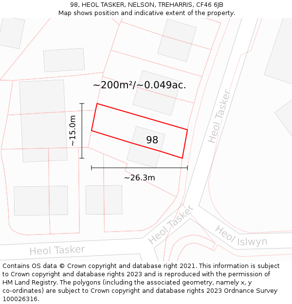 98, HEOL TASKER, NELSON, TREHARRIS, CF46 6JB: Plot and title map