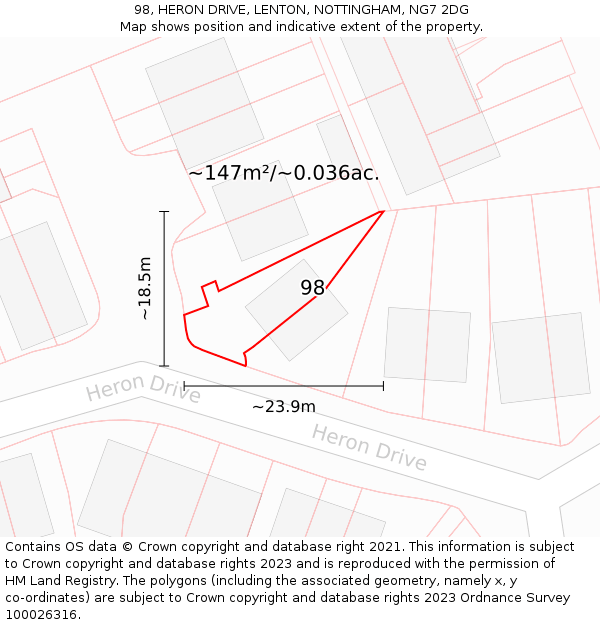 98, HERON DRIVE, LENTON, NOTTINGHAM, NG7 2DG: Plot and title map