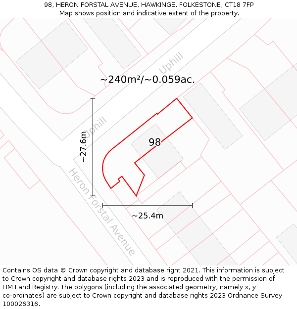 98, HERON FORSTAL AVENUE, HAWKINGE, FOLKESTONE, CT18 7FP: Plot and title map