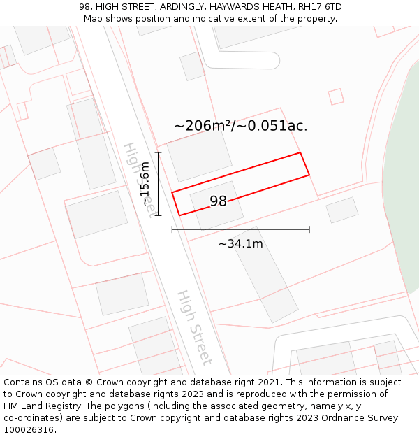 98, HIGH STREET, ARDINGLY, HAYWARDS HEATH, RH17 6TD: Plot and title map