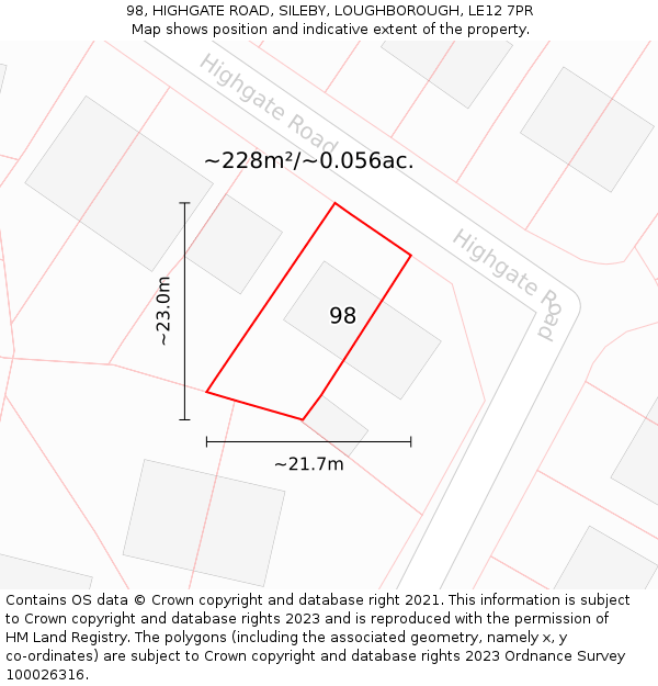 98, HIGHGATE ROAD, SILEBY, LOUGHBOROUGH, LE12 7PR: Plot and title map