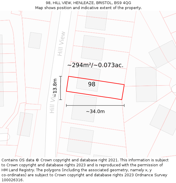 98, HILL VIEW, HENLEAZE, BRISTOL, BS9 4QG: Plot and title map