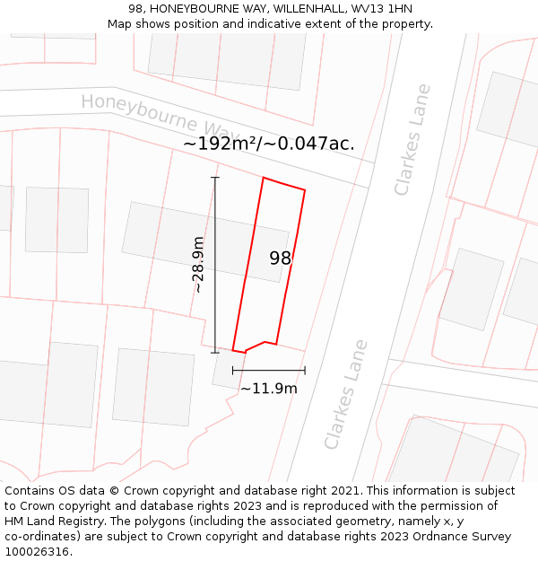 98, HONEYBOURNE WAY, WILLENHALL, WV13 1HN: Plot and title map