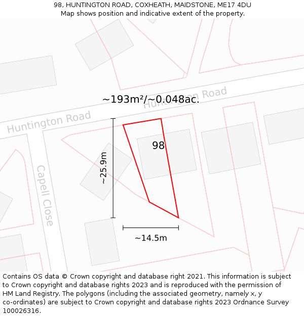 98, HUNTINGTON ROAD, COXHEATH, MAIDSTONE, ME17 4DU: Plot and title map