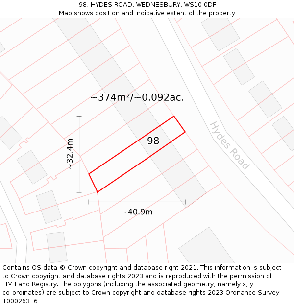 98, HYDES ROAD, WEDNESBURY, WS10 0DF: Plot and title map