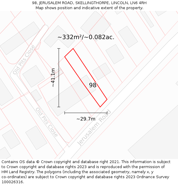 98, JERUSALEM ROAD, SKELLINGTHORPE, LINCOLN, LN6 4RH: Plot and title map