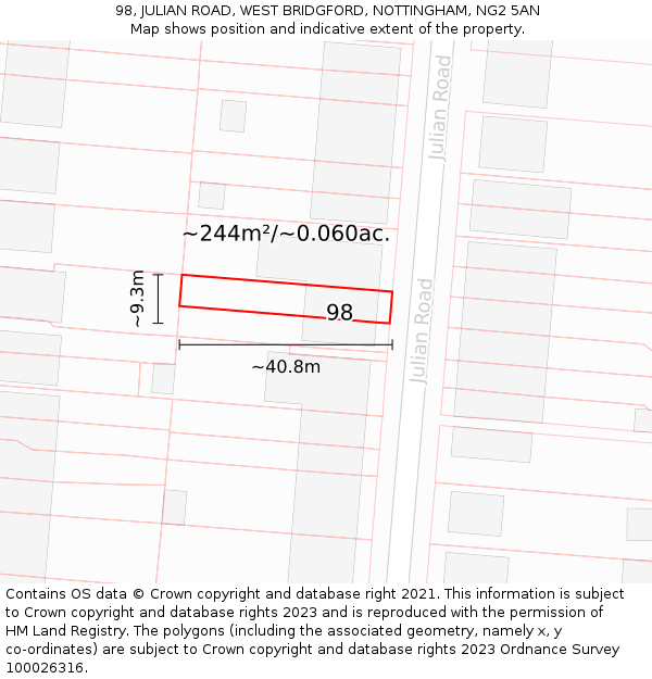 98, JULIAN ROAD, WEST BRIDGFORD, NOTTINGHAM, NG2 5AN: Plot and title map