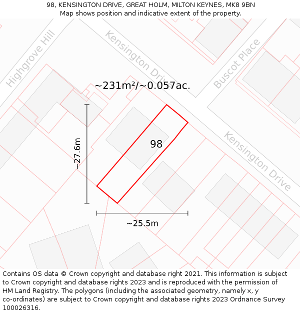 98, KENSINGTON DRIVE, GREAT HOLM, MILTON KEYNES, MK8 9BN: Plot and title map