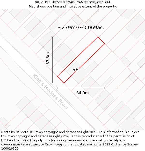 98, KINGS HEDGES ROAD, CAMBRIDGE, CB4 2PA: Plot and title map