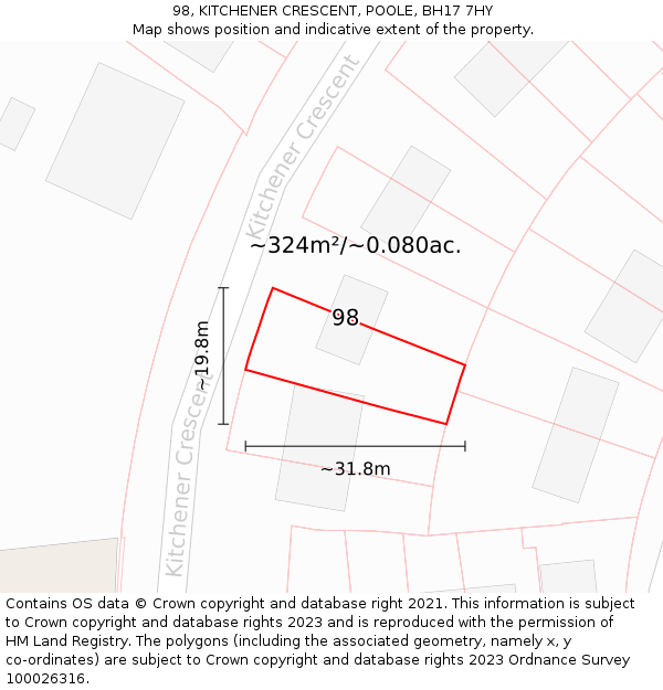 98, KITCHENER CRESCENT, POOLE, BH17 7HY: Plot and title map