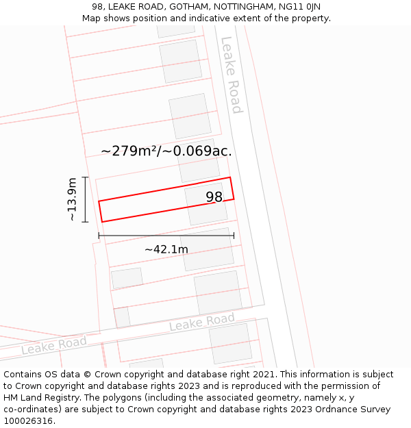 98, LEAKE ROAD, GOTHAM, NOTTINGHAM, NG11 0JN: Plot and title map