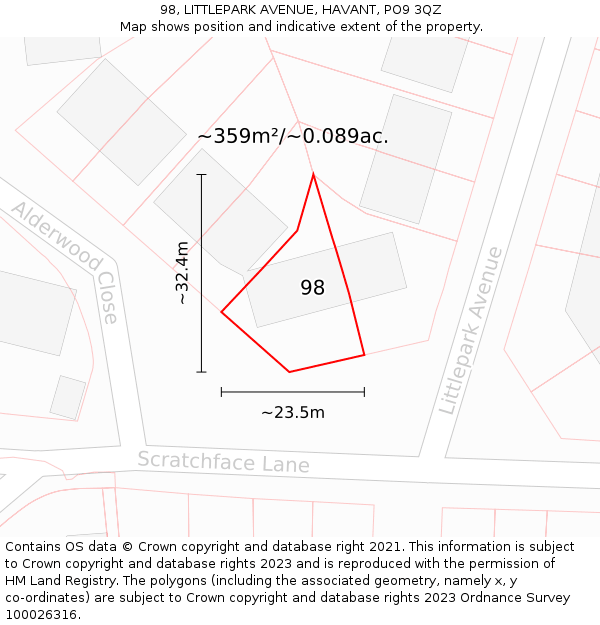 98, LITTLEPARK AVENUE, HAVANT, PO9 3QZ: Plot and title map