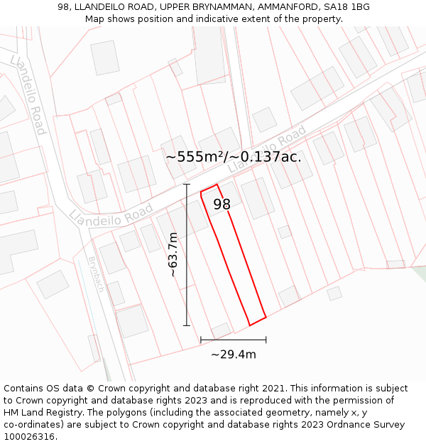 98, LLANDEILO ROAD, UPPER BRYNAMMAN, AMMANFORD, SA18 1BG: Plot and title map