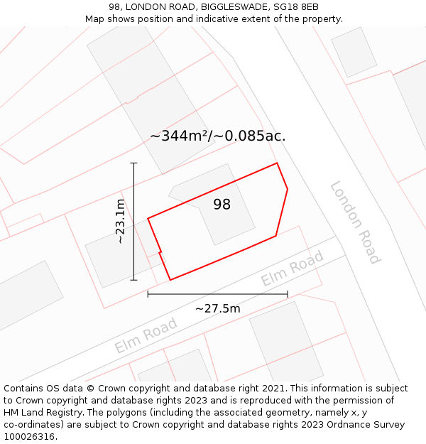 98, LONDON ROAD, BIGGLESWADE, SG18 8EB: Plot and title map