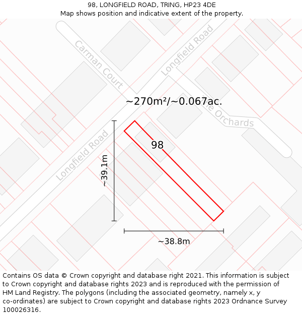 98, LONGFIELD ROAD, TRING, HP23 4DE: Plot and title map