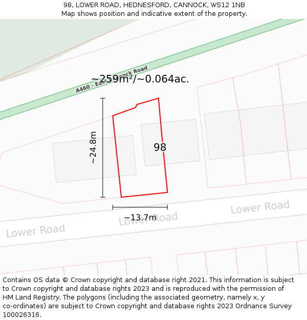 98, LOWER ROAD, HEDNESFORD, CANNOCK, WS12 1NB: Plot and title map