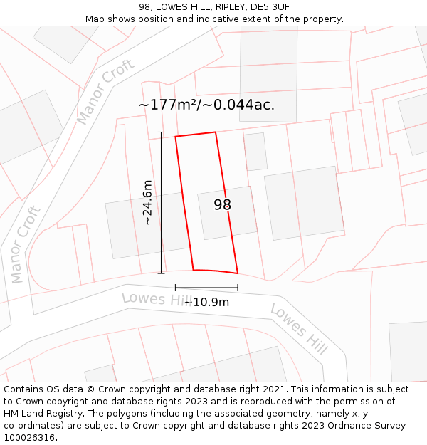 98, LOWES HILL, RIPLEY, DE5 3UF: Plot and title map