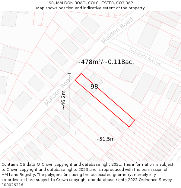 98, MALDON ROAD, COLCHESTER, CO3 3AP: Plot and title map