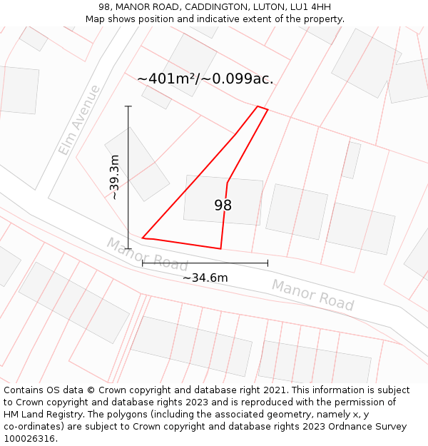 98, MANOR ROAD, CADDINGTON, LUTON, LU1 4HH: Plot and title map