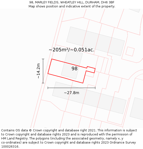 98, MARLEY FIELDS, WHEATLEY HILL, DURHAM, DH6 3BF: Plot and title map