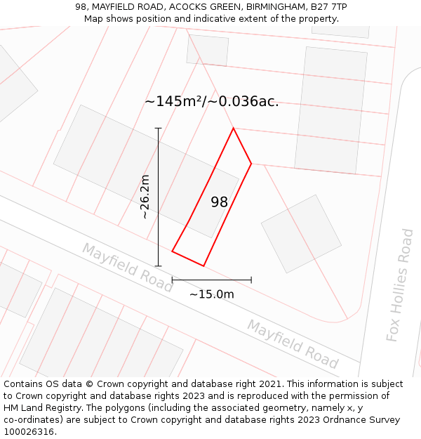 98, MAYFIELD ROAD, ACOCKS GREEN, BIRMINGHAM, B27 7TP: Plot and title map