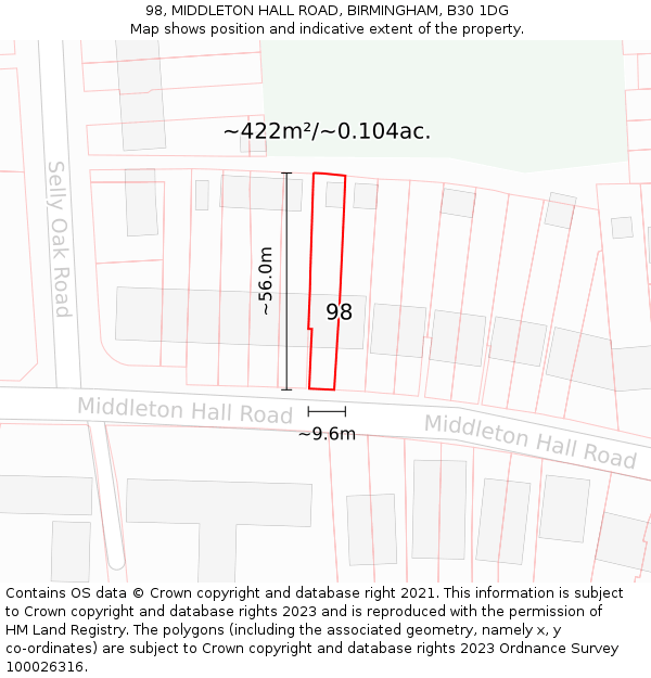 98, MIDDLETON HALL ROAD, BIRMINGHAM, B30 1DG: Plot and title map